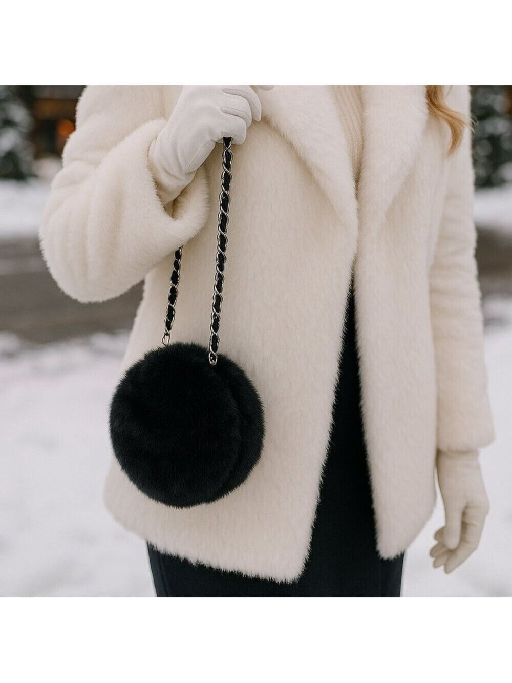 Black Faux Fur Micro Crossbody – Round Winter Mini Bag, Holiday Party Purse